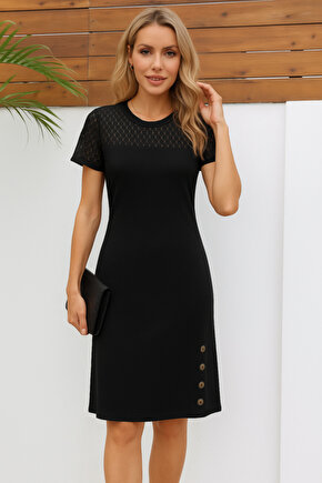 Kadın Kısa Kollu Bisiklet Yaka Dantel Detaylı Düğmeli Modal Elbise
