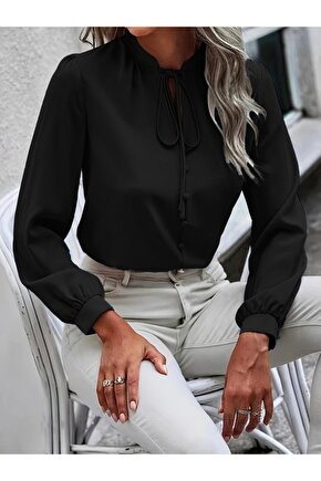 EQURİ Kadın Uzun Kollu Yakalı Yakadan Bağcıklı Düğmeli Sandy Bluz