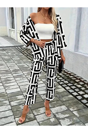 Kadın Uzun Kollu önü Açık Desenli Iki Iplik Ceket Ve Pantolon Ikili Takım