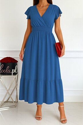 Kadın Kısa Kelebek Kollu Kruvaze Yakalı Beli Lastikli Aerobin Elbise