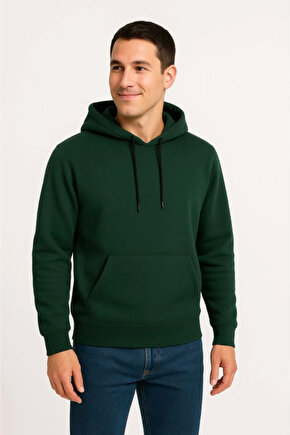 EQURİ Erkek Üç İplik Kapüşonlu Kanguru Cepli SweatShirt Hoodie - Haki