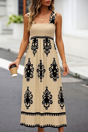 EQURİ Kadın Askılı Kare Yaka Gipe Detaylı Desenli Suprem Elbise