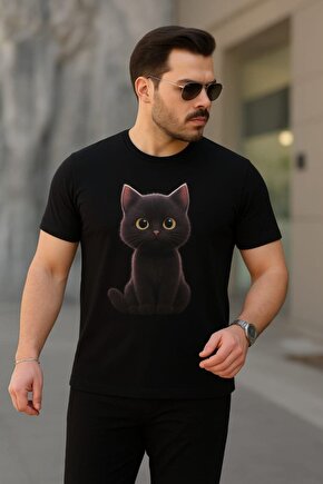 EQURİ Erkek Bisiklet Yaka Kedi Baskılı Süprem T-shirt