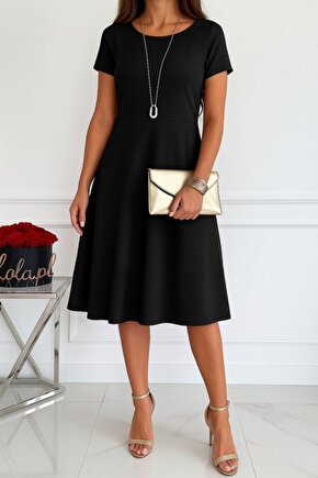 EQURİ Kadın Kısa Kollu Bisiklet Yaka Cepli Viskon Iki Iplik Elbise