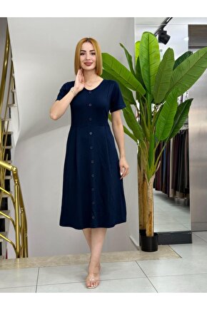 EQURİ Kadın Kısa Kollu V Yakalı önden Düğmeli A Kesim Dokuma Elbise