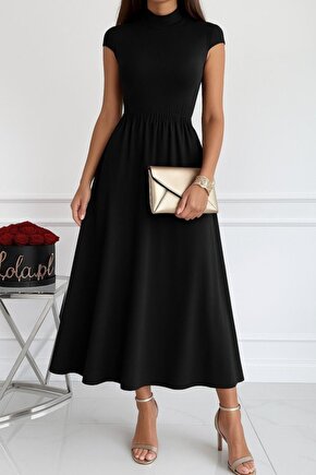 EQURİ Kadın Kısa Kollu Yarı Balıkçı Yaka Viskon Elbise