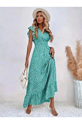 Kadın Kısa Kollu Kruvaze Yaka Beli Lastikli çiçek Desenli Elbise