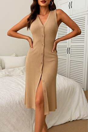 Kadın V Yakalı önden Düğmeli Kaşkorse Elbise