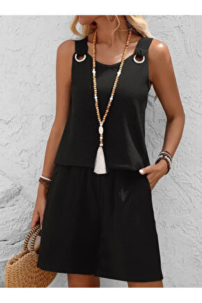 Kadın Askılı Yuvarlak Yaka Kuş Gözü Detaylı Bürümcük Bluz Ve Short Ikili Takım