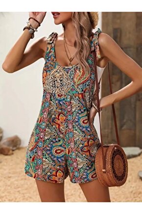 Kadın Omuzlardan Askılı Desenli Geniş Paçalı Süprem Tulum