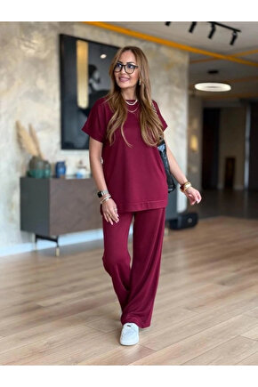 Kadın Kısa Kollu Bisiklet Yaka Viskon Iki Iplik Bluz Ve Pantolon Ikili Takım