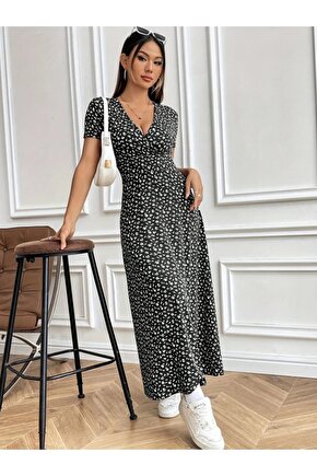 Kadın Kısa Kollu Kruvaze Yakalı çiçek Desenli Süprem Elbise