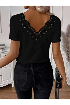 Kadın Kısa Kollu V Yakalı Arkası Dantelli Viskon Bluz