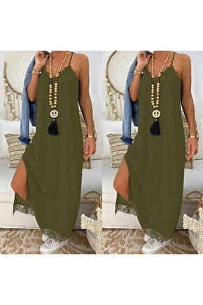 Kadın Haki Dantel Detay Viskon Elbise 3798