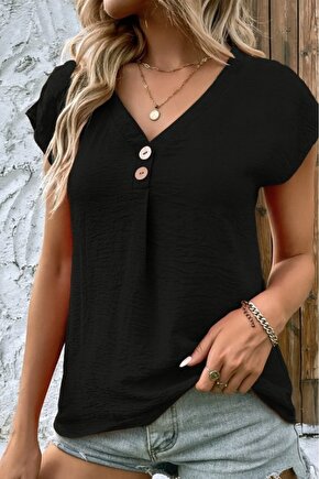 Kadın Kısa Kollu V Yakalı Düğmeli Keten Bluz