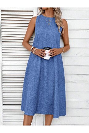 EQURİ Kadın Kolsuz Bisiklet Yaka Cepli Midi Keten Elbise