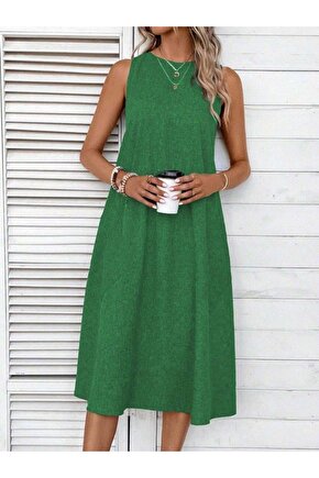 Kadın Kolsuz Bisiklet Yaka Cepli Midi Keten Elbise