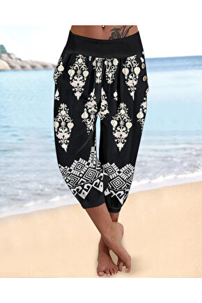 Kadın Beli Lastikli Etnik Desenli Kapri Süprem Pantolon