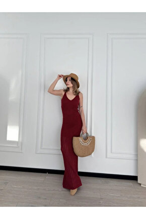 Örgülü Uzun Triko Elbise - Bordo
