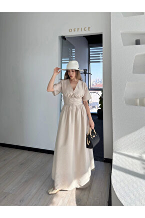 Kısa Kollu Uzun Elbise - Kırık Beyaz