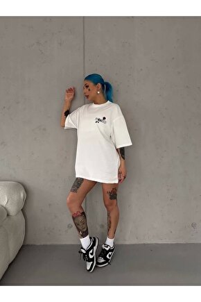 Unisex Bisiklet Yaka Baskılı Oversize T-Shirt - Beyaz