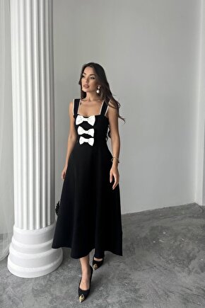 Siyah Fiyonk Garnili Dantelli Elbise