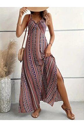 EQURİ Kadın Ip Askılı Sırttan çapraz Detaylı Yırtmaçlı Desenli Süprem Elbise