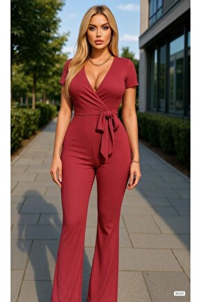 Kadın Kruvaze Yaka Kısa Kollu Kuşaklı Tulum