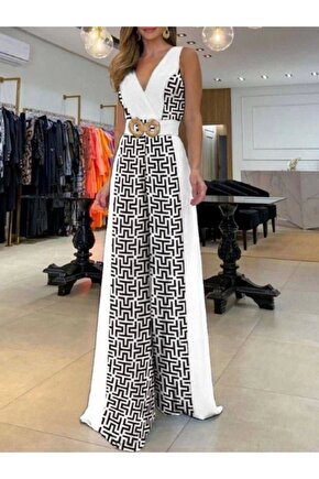 Kadın Göğüs Dekolteli Toka Detay Dijital Baskılı Tulum