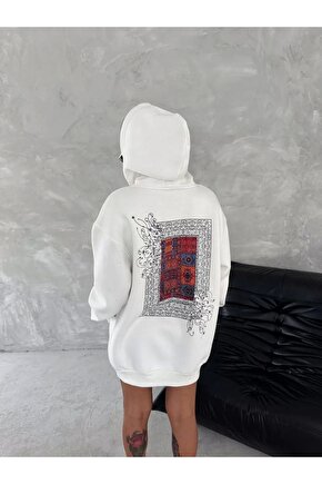 Uzun Kol Kapüşonlu Ön Ve Arka Baskılı SweatShirt - Beyaz