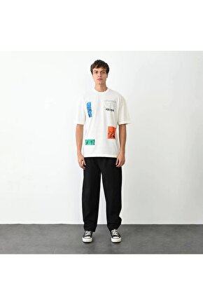 Unisex Bisiklet Yaka Baskılı Oversize T-Shirt - Beyaz