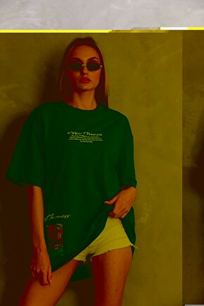 Unisex Bisiklet Yaka Baskılı Oversize T-Shirt - Mavi