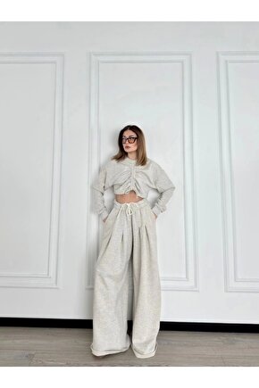 Uzun Kollu Önü İp Büzgülü Crop ve Pantolon İkili Takım - Gri