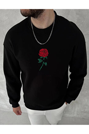 Unisex Bisiklet Yaka Ön Ve Arka Baskılı SweatShirt - Siyah