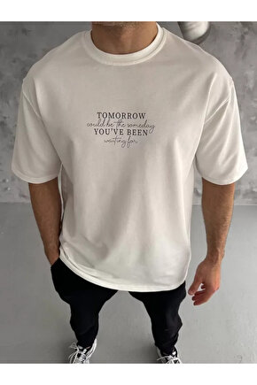 Kendim Fashion Unisex Bisiklet Yaka Baskılı Oversize T-Shirt - Beyaz