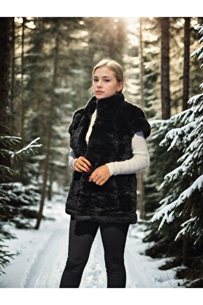 Kadın Kolsuz Hakiki Kürk - Siyah