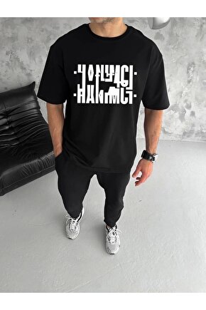 Unisex Bisiklet Yaka Katlanan Baskılı T-Shirt - Siyah