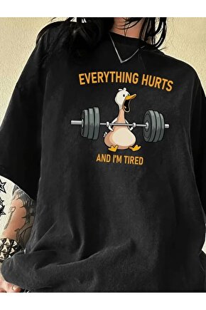 Ördek Baskılı ve Yuvarlak Yakalı Kadın Günlük Büyük Boy Siyah Tişört. - Siyah