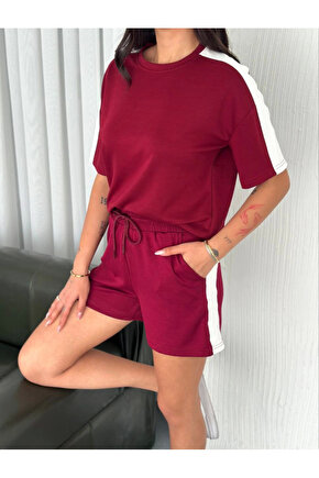 EQURİ Osy Modal Yumuşak Dokulu Kumaş Parçalı Bisiklet Yaka T-shirt Kısa Şort İkili Takım - Bordo