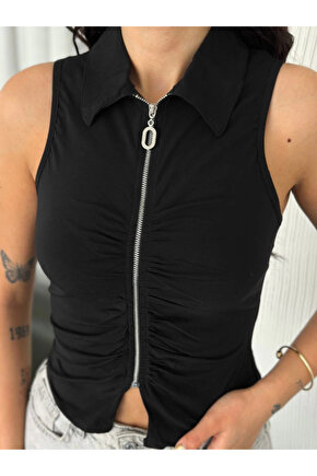 Yakalı Tam Fermuarlı Kolsuz Bluz - Siyah