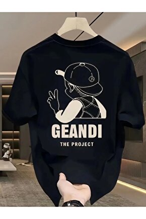 Geniş Kesim Pamuklu Tişört - GANDHI The Project Baskılı, Siyah, Rahat Kesim, Kısa Kollu, Günlük Kı