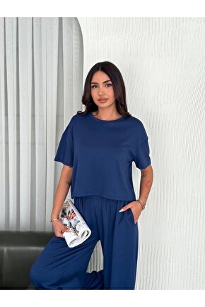 Osy Modal Yumuşak Dokulu Kumaş Bisiklet Yaka T-shirt Bol paça Pantalon ikili Takım -Saks Mavi