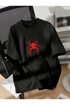 201 Penye Compack Spider Baskılı Oversize Unisex Kısa Kol Yazlık T-shirt - Siyah
