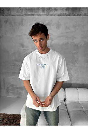 Ön ve Arka Baskılı Oversize Bisiklet Yaka T-shirt- Beyaz