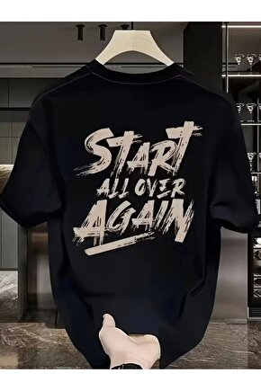 201 Penye Compack Start All Over Baskılı Oversize Bisiklet Yaka Kısa Kol T-shirt - Siyah