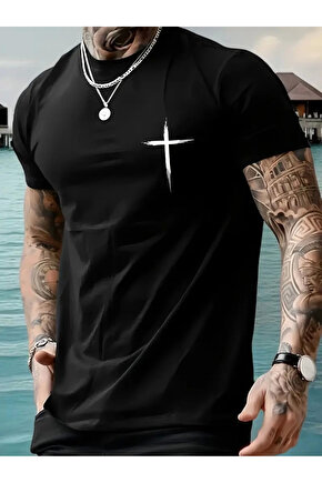 201 Penye Compack Baskılı Oversize Bisiklet Yaka Kısa Kol T-shirt - Siyah