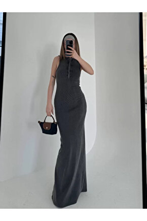 Yırtmaç Detaylı Kolsuz Düğmeli Yıkamalı Uzun Elbise - Antrasit