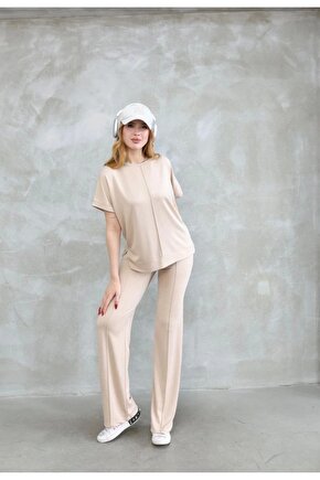 Osy Modal Yumuşak dokulu Kumaş Bisiklet Yaka Kısa Kollu Takım - Bej