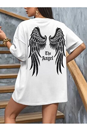 201 Penye Compack Dark Angel Baskılı Oversize Kısa Kol Yazlık T-shirt- Beyaz