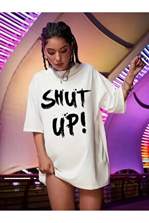 201 Penye Compack Oversize Beyaz Shut Up Kısa Kol Yazlık Tişört - Beyaz